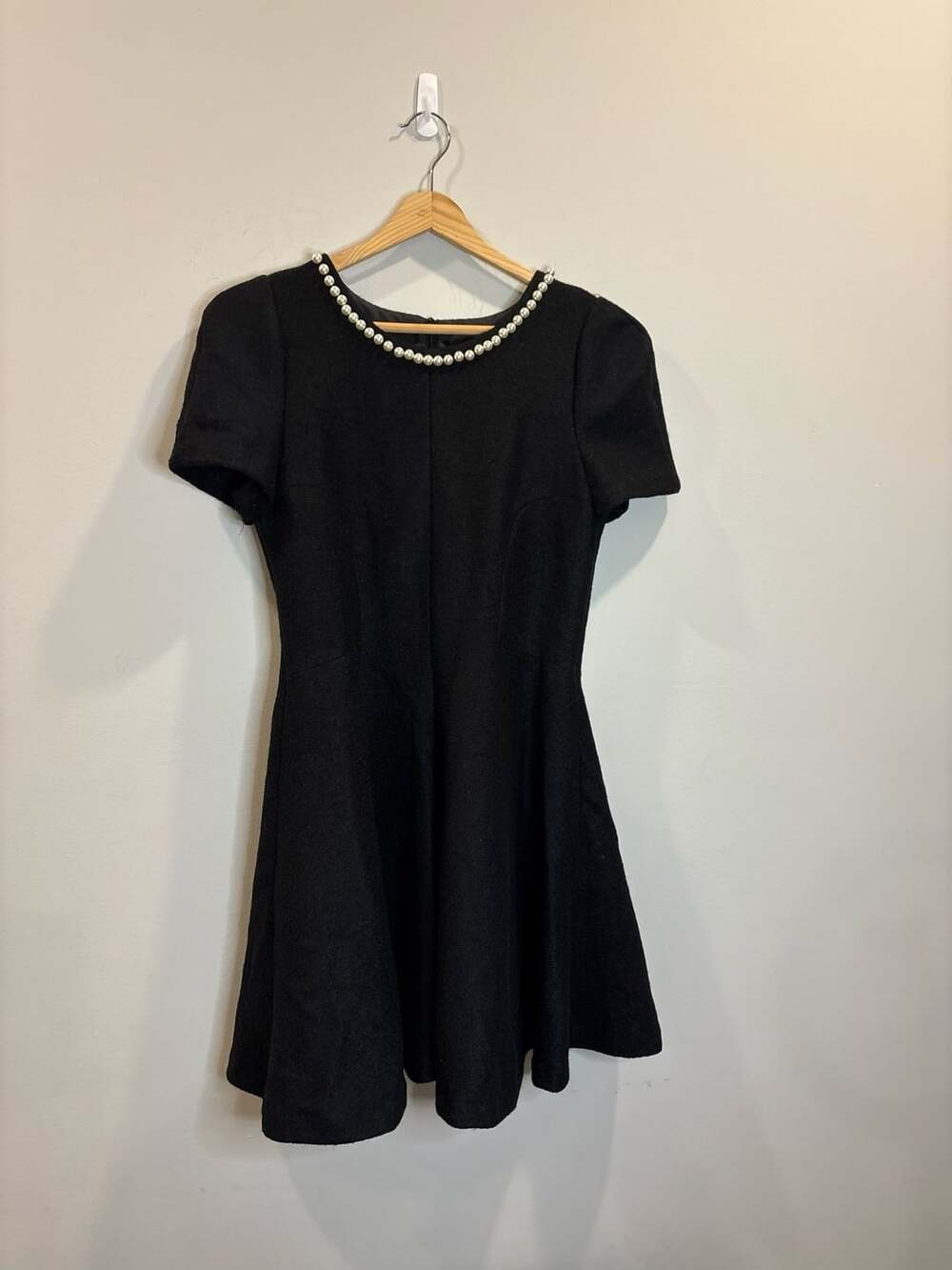 WHY NOW Black Tweed Pearl Trim Neckline Short Sleeve A-Line Mini Dress Size M